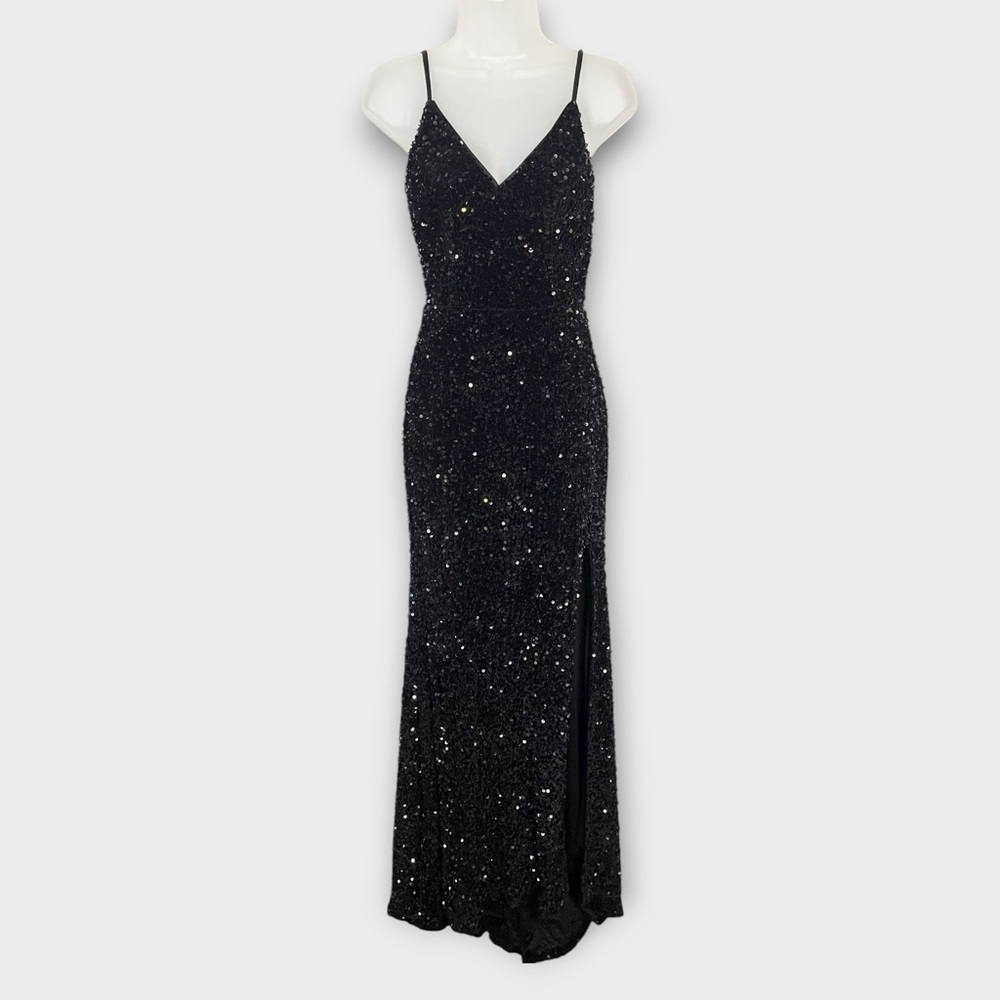 FULLY SEQUINED black maxi dress w/ lace up back & train size 2 formal black tie - Picture 2 of 8